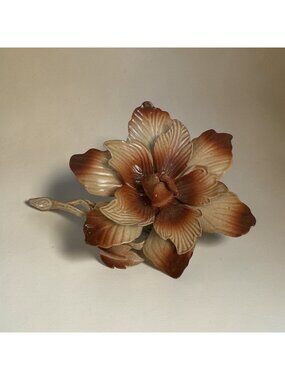 Vintage Hedy Signed Flower Brooch Brown-Toned Enamel 3" x 2.5" Elegant Retro Flo